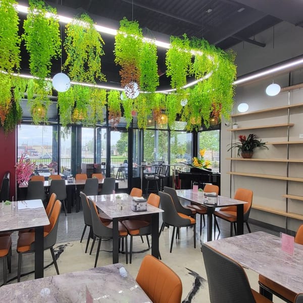 Baba Saj's dining room with marble tables, orange and gray chairs, and hanging green plants.