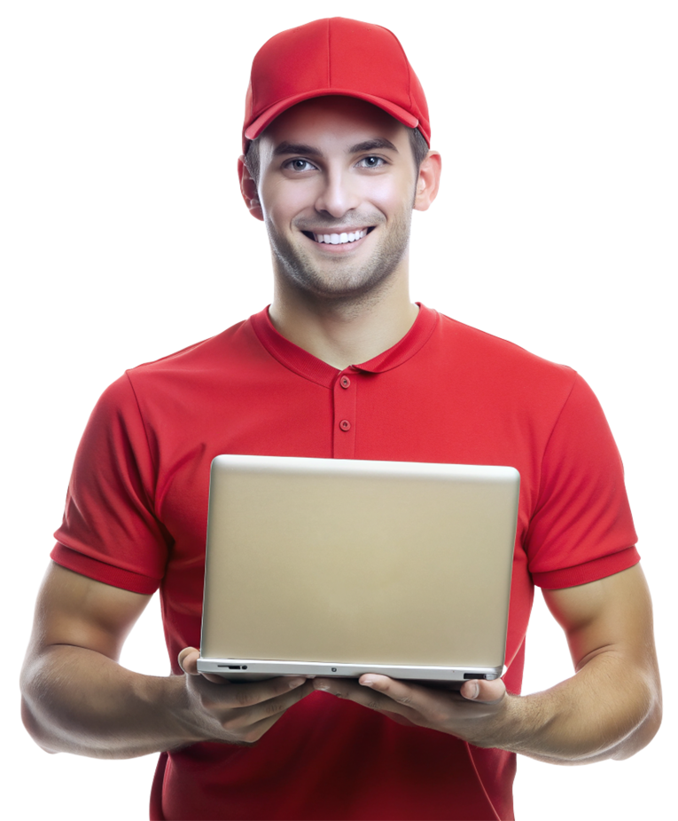 Friendly delivery man holding laptop offers fast reliable service with a smile for online orders and customer satisfaction